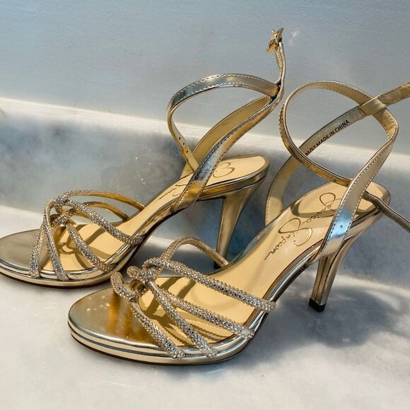 Jessica Simpson Embellished Strappy Open Toe Joziene Sandals Gold Size 6.5/37 - Picture 2 of 7